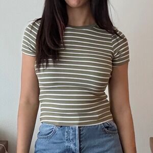 No Comment Olive Green White Striped Ribbed Short Sleeve Crew Neck Top Tee Small